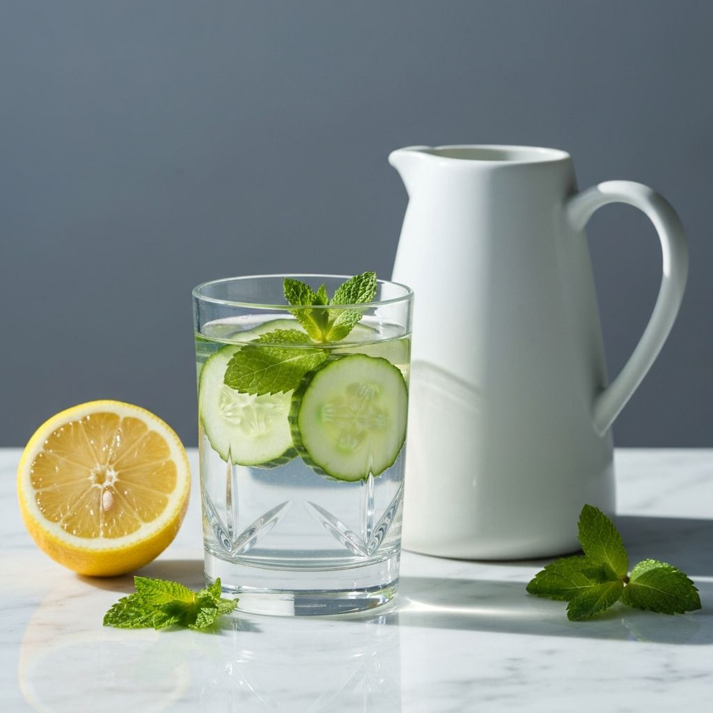 Clear glass of water with cucumber slices and mint on marble surface