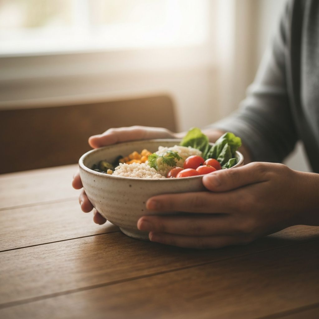 Hands gently holding a ceramic bowl of wholesome food in a calm, naturally lit setting