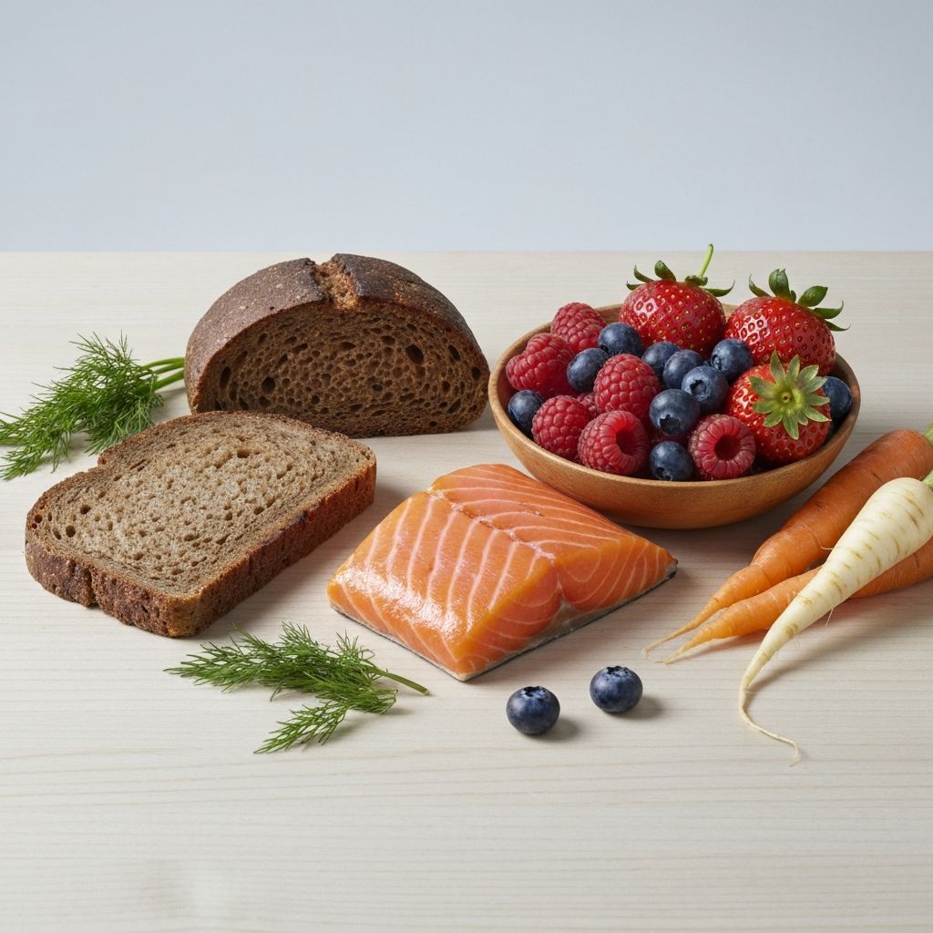 Nordic diet foods including rye bread, fresh berries, salmon and root vegetables